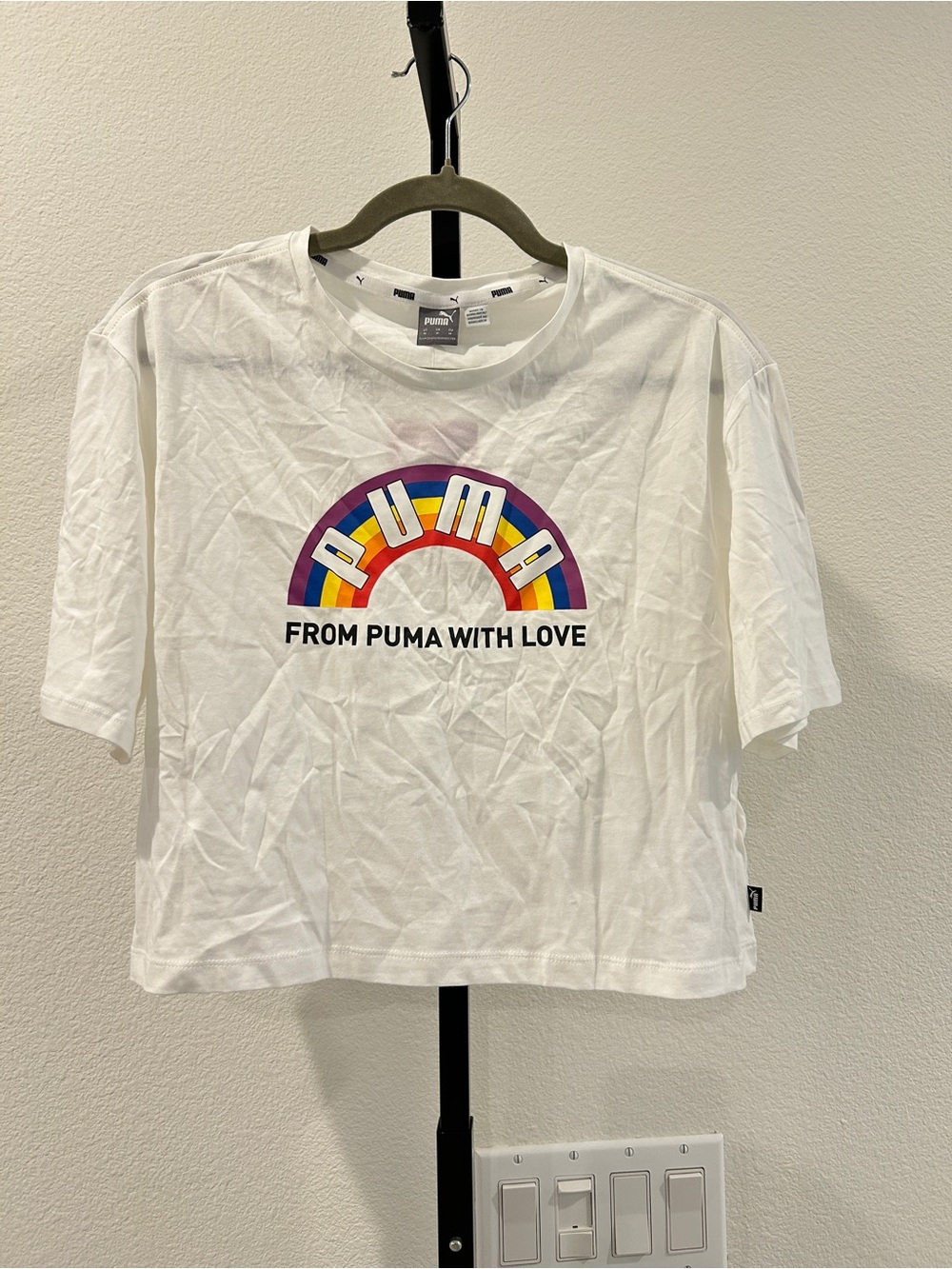 NWT Puma crop t-shirt rainbow graphic "FROM PUMA WITH LOVE", Size M, $25